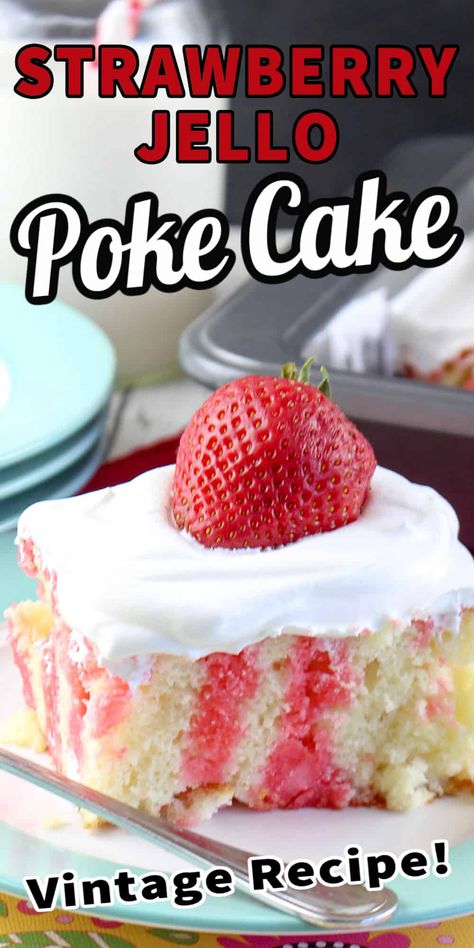 This Strawberry Jello Poke Cake is cool and light - and the sweetness comes from the berries. Plus, it's a very simple recipe, one made with a box cake mix. Strawberry Jello Poke Cake, Strawberry Cake Design, Jello Cake Recipes, Jello Poke Cake, Poke Cake Jello, Delicious Strawberry Cake, Strawberry Poke Cakes, Poke Cake Recipe, Boxed Cake Mixes Recipes