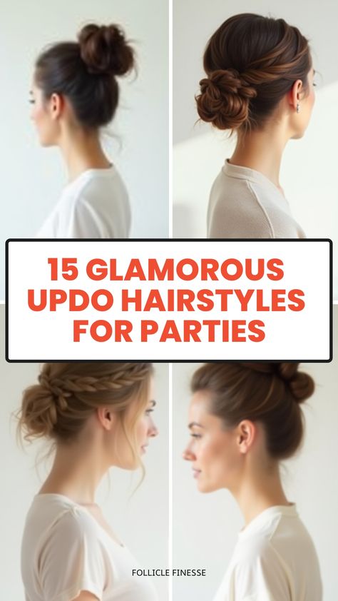 15 Glamorous Updo Hairstyles for Parties Dance Party Hairstyles, Updo For Concert, Bun Hairstyles Wedding Guest, Easy Party Updo, Formal High Bun Updo, Up Does Hair Styles, Easy Mid Length Updo, Party Buns Hairstyles, Updos For Wedding Guest