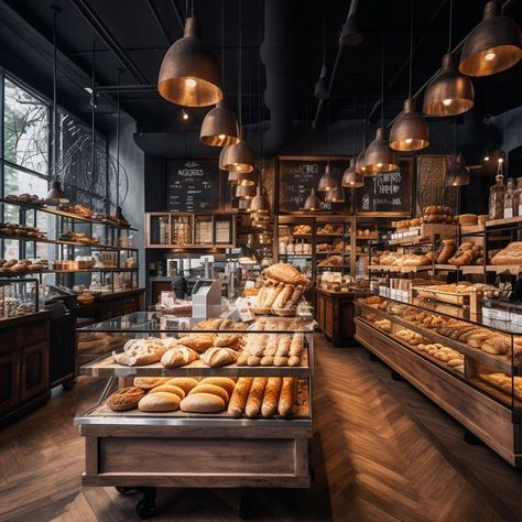 London Bakery Interior, Industrial Bakery Design, Bakery Business Aesthetic, Bakery Interior Aesthetic, Moody Bakery, Rustic Bakery Interior, Modern Bakery Interior, Deli Interior Design, Bakery Ideas Interior