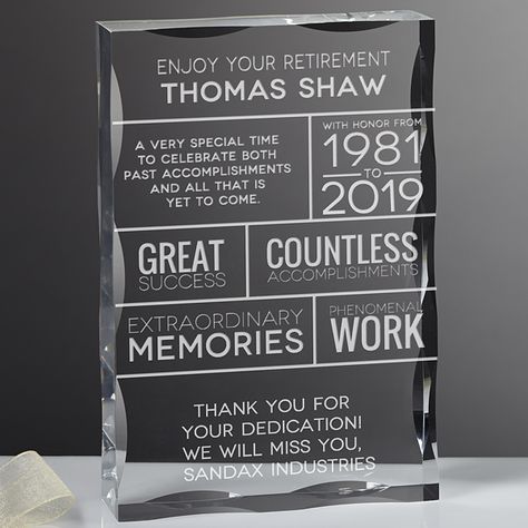 Personalized Retirement Keepsake Block Retirement Plaque, Retirement Wishes, Birthday, Glass, Gifts