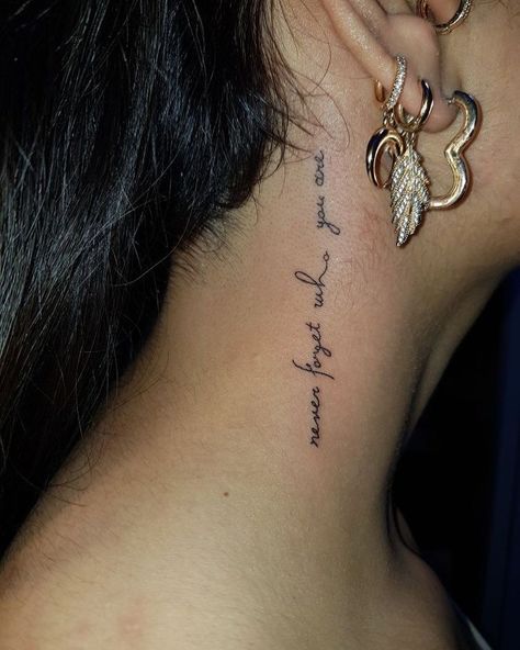 Behind The Ear Tattoo Ideas Quotes, Back On Neck Tattoo, Behind Ear To Neck Tattoo, Small Writing Neck Tattoos, Tattoo On The Neck For Women, Being The Ear Tattoos, Women Small Neck Tattoo, Cover Up Small Tattoos For Women, Simple Behind Ear Tattoos For Women