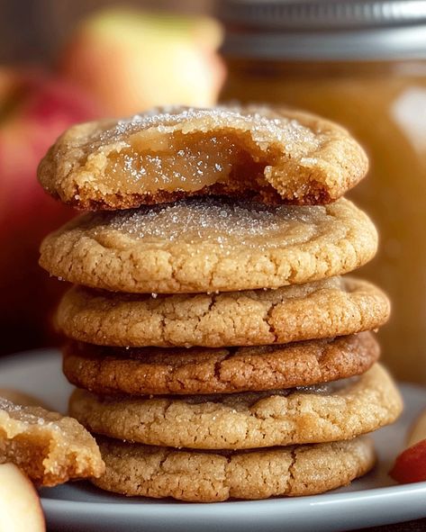 Bake these cozy Apple Butter Cookies for a warm, spiced autumn treat. Soft, chewy, and full of flavor, they're perfect for fall gatherings! Apple Butter Oatmeal Cookies, Apple Butter Shortbread Cookies, Apple Butter Sugar Cookies, Apple Butter Blondies, Apple Butter Cookies Recipes, Apple Carmel Cookie, Apple Filled Cookies, Apple Butter Thumbprint Cookies, Apple Butter Cookie Recipe