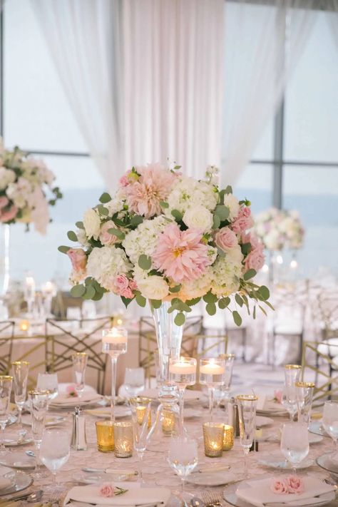 Summer Wedding Flowers Centerpieces, Blush Wedding Reception, Dahlia Centerpiece, Summer Wedding Floral, Blush Centerpiece, Ballroom Wedding Reception, Décor Table, Tent Wedding Reception, Tall Wedding Centerpieces