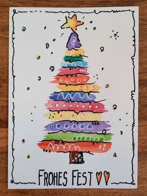 Kids Christmas Watercolor Paintings, Kids Christmas Watercolor, Kids Xmas Cards, Happy Painting Weihnachten, Christmas Card Doodles, Diy Watercolor Christmas Cards, Christmas Cards Homemade, Modele Zentangle, Watercolor Christmas Cards Diy