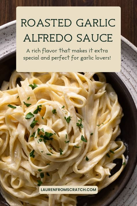 This creamy roasted garlic Alfredo sauce is a twist on the classic Alfredo sauce with savory roasted garlic. The roasted garlic adds a rich flavor to this sauce that makes it extra special and perfect for garlic lovers! Great for making chicken Alfredo, shrimp Alfredo, or white lasagna. Roasted Garlic Alfredo Sauce Recipe, Alfredo Noodles, Garlic Alfredo Sauce, Chicken Alfredo Sauce, Classic Alfredo Sauce, Garlic Pasta Sauce, White Lasagna, Baked Pasta Dishes, Pasta With Alfredo Sauce