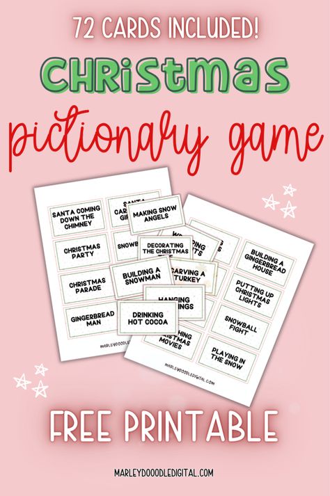 Looking for a fun and easy Christmas game for kids? This free printable Christmas Pictionary game includes 72 cards to keep everyone entertained. Perfect for classroom parties, family game nights, and holiday fun. Download now and start playing! You can also play this game like Christmas charades and act out the clues instead of drawing for a fun twist! Kids Charades, Pictionary For Kids, Christmas Game For Kids, Christmas Games Printable, Christmas Pictionary, Charades For Kids, Fun Christmas Party Ideas, Charades Cards, Diy Party Games