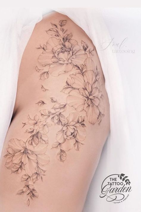 flower tattoo tattoo ideas tattoo tattoo garden tattoo inspiration tatoeage ideeën tatoeage tekeningen tattoo designs flowers bloemen tatoeage fine line shading Gardenia Tattoo, Tattoo Garden, Collarbone Tattoo, Flower Thigh Tattoos, Outer Thigh, No Phone, Beautiful Flower Tattoos, Thigh Tattoos, Botanical Tattoo