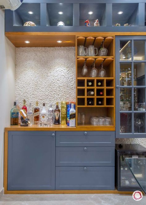 Bar Counter With Crockery Unit, Bar Design Living Room, Bar Unit Ideas For Home, Open Kitchen Bar Design, Crockery Unit Design With Bar, Crockery Unit With Bar Counter, Crockery And Bar Unit Design, Bar Unit Design Modern, Bar Interior Design Home