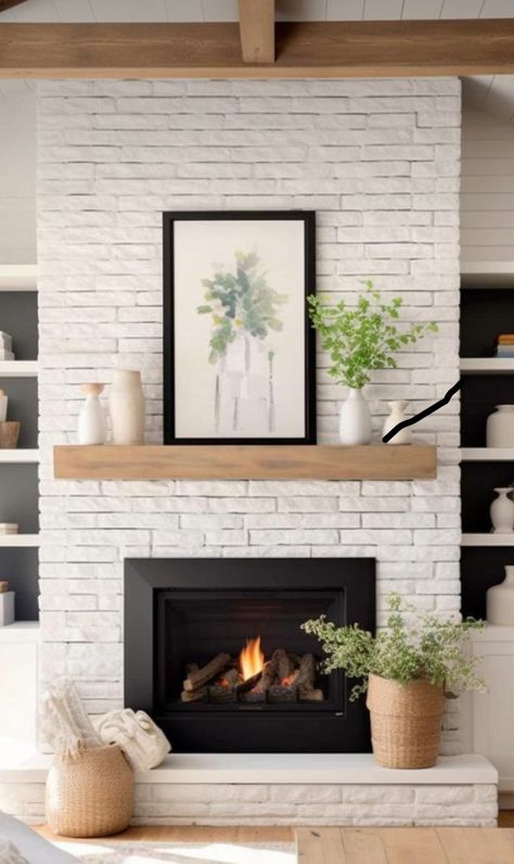 White Brick Fireplace Ideas, Brick Fireplace Ideas, Lime Wash Brick, White Wash Brick Fireplace, Wood Mantle Fireplace, White Brick Fireplace, White Mantel, Brick Hearth, Painted Brick Fireplace