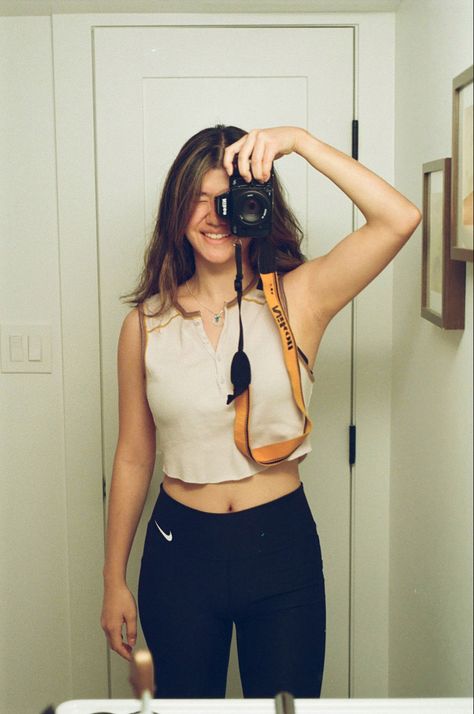 mirror selfie with a film camera #nikon8008 #filmphotography #mirrorselfies #nike #fashion Film Camera Mirror Selfie, Mirror Camera Selfie, Mirror Selfie With Camera, Dslr Selfie, Camera Mirror Selfie, Film Photography Aesthetic, Indoor Shoot, Mirror Video, Mirror Camera