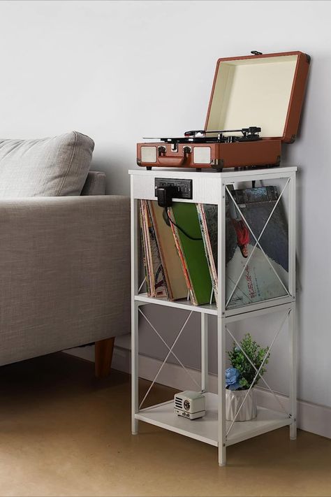 White Record Player, Vinyl Record Shelf, Record Player Table, Metal Vinyl, Table With Charging Station, Record Shelf, Turntable Stand, Record Player Stand, Dorm Room Designs