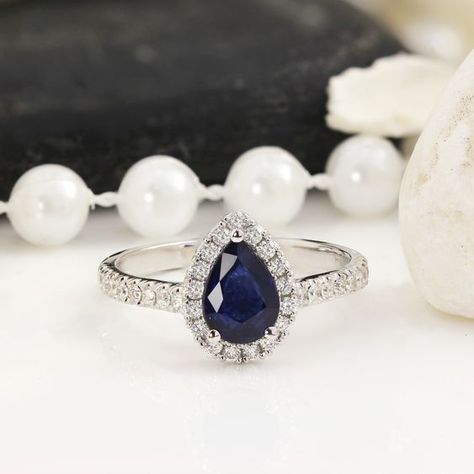 Sapphire Ring Pear, Safire Rings Engagement, Engangement Ring, Gems Rings, Classic Halo Engagement Ring, Gem Engagement Rings, Picture References, Pear Diamond Ring, Sapphire Gem