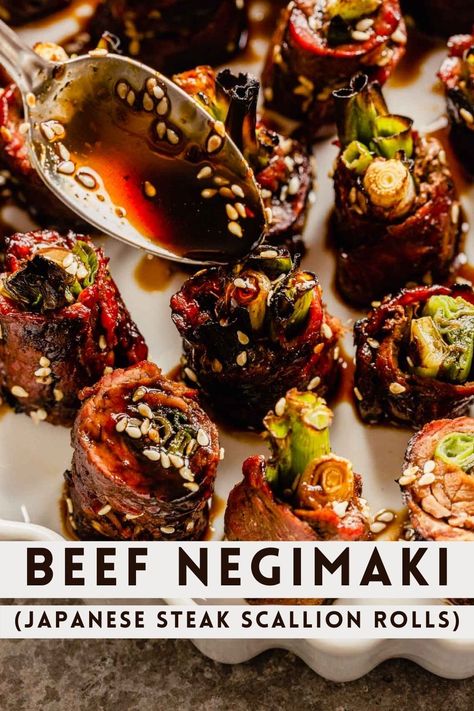 Beef Negimaki Recipe, Steak Rolls Bread, Japanese Steak Recipes, Thinly Sliced Beef Recipes, Japanese Beef Recipes, Steak Rolls Stuffed, Japanese Dinner Ideas, Sushi Bakes, Japanese Food Dinner