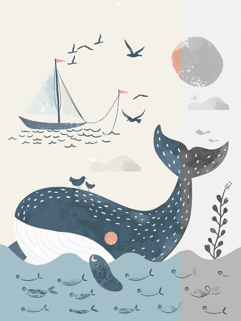 Full Color Image in ai-img-gen.com ��🔸 cute happy whale, swimming in shining blue ocean, summer, boho style, minimalism, simple strokes, ha... 🔸 From Midjourney AI Image Whales Illustration Art, White Whale Illustration, Whale Pattern Illustration, Giant Whale Fantasy Art, Riding A Whale Illustration, Happy Whale, Small Sailboats, Whale Art, Blue Whale