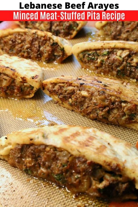 Learn how to make authentic and traditional Lebanese Arayes. Our favourite quick & easy Middle Eastern kofta spiced minced beef stuffed pita sandwiches. The minced meat mixture features garlic, onions, spices, tomato and cilantro. This healthy snack & appetizer recipe is best served as a party finger food from the grill or barbecue. Dip in tahini and serve with fresh lemon slices. Lebanese Meat Stuffed Pita, Lebanese Pita Pockets, Greek Minced Beef Recipes, Mid Eastern Food, Lebanese Arayes Recipe, Lebanese Beef Recipes, Meat Stuffed Pita, Best Lebanese Recipes, Stuffed Pita Recipes