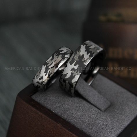 Army Husband, Army Rings, Camo Rings, Military Jewelry, Sun And Moon Rings, Army Couple, Damascus Steel Ring, Couples Ring Set, Army Wife