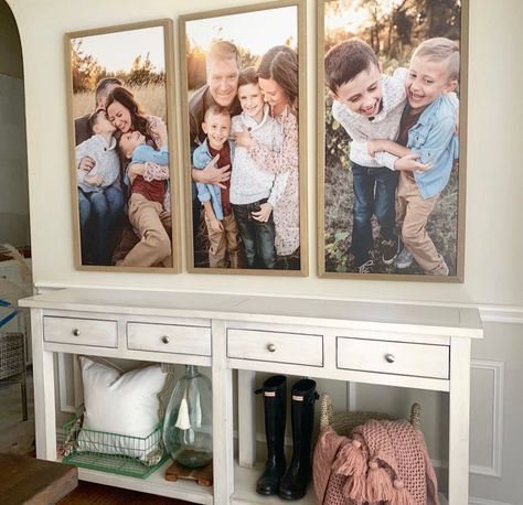 Printing family photos with Smallwood Home Family Photo Print Ideas, Small Wood Photo Wall, Smallwoods Gallery Wall Hallway, Family Portrait Decor Living Rooms, Small Wood Picture Wall, Small Wood Home Photos, Family Canvas Ideas Picture Walls, Canvas Picture Wall Ideas Living Room, Small Woods Pictures Living Room