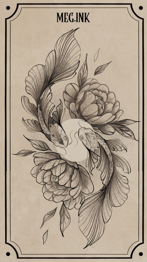 Koi Fish And Flowers Drawing, Blackwork Koi Tattoo, Fineline Koi Fish Tattoo, Realistic Koi Fish Tattoo, Fine Line Koi Fish, Koi Fish Reference, Koi Fish And Flower Tattoo, Fish Tattoo Drawing, Pisces Fish Tattoos