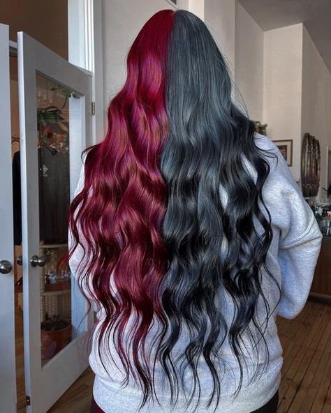 🕷🖤 HAIR • MAKEUP • FASHION 🖤🕷 on Instagram: "Dead rose red and smoked out gray 🥀🌪️ Loved this half and half on my long haired client!! Using @pravana 6.66 + scarlet red vivids everlasting, and a custom silver vivids formula into smokey black ends. #pravana #pravanavivids #holidayhair #hair #minneapolishair #winterhair #longhair #pravanapartner #brazilianbondbuilder #hairandmakeupbykaylaboyer" Bright Hair Colors Split Dye, Red And Gray Hair, Half And Half Dyed Hair, Silver And Red Hair, Half Black Half Red Hair, Red And Grey Hair, Grey And Red Hair, Gray And Red Hair, Half Red Half Black Hair