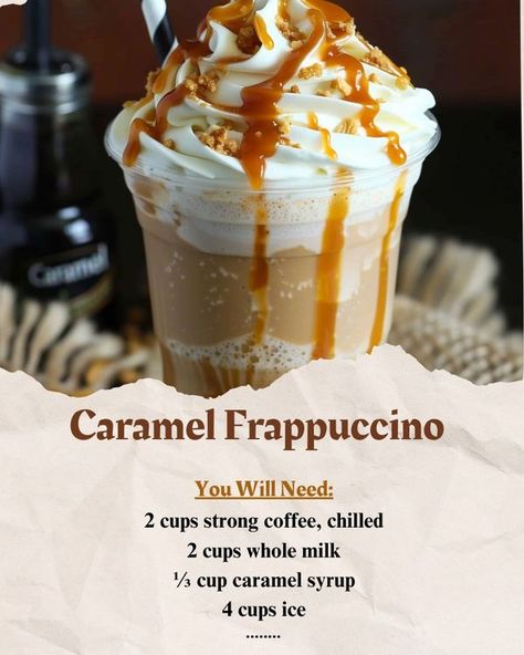 Caramel Frappuccino Recipe, Caramel Frappe Recipe, Starbucks Caramel Drinks, Starbucks Caramel Frappuccino, Starbucks Frappuccino Recipe, Caramel Frappe, Dunkin Donuts Iced Coffee, Drinks Starbucks, Homemade Frappuccino