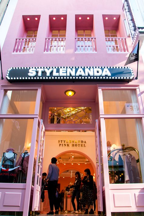 Style Nanda Pink Hotel: Myeongdong Flagship Store | Seoul Searching Hotel Korea, Stylenanda Pink Hotel, Style Nanda, Pink Hotel, Cafe Area, Korea Trip, Pool Care, Grand Budapest Hotel, Love Korean