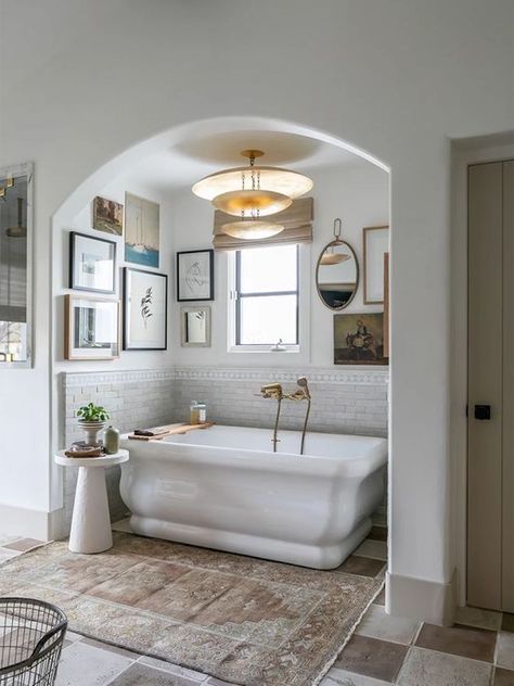 bathroom transformation, bathroom ideas, bathroom inspiration, neutral textures, artisan accents, free standing tub Newport Beach House, Striped Tile, Bathroom Transformation, Recessed Wall, Upper Cabinets, Free Standing Tub, Maine House, Architect Design, Shower Wall