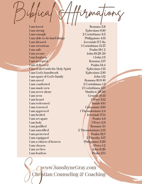 Get your free printable PDF of Biblical Affirmations- Learn what the Great I Am says about you! 31 Scriptures to outline your Identity in Christ. #mentalhealth #christiancounseling #identity #affirmations Scripture Who God Says I Am, I Am Biblical Affirmations, Biblical Self Affirmations, What God Says About Me Scriptures, Daily Bible Affirmations For Women, Verses About Who God Says I Am, Scriptures For Career, God Says I Am Scriptures, Postive Afframations Bible