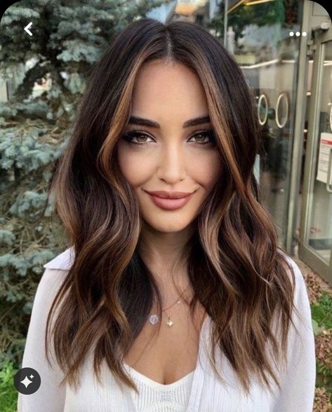 Honey Balayage Shoulder Length, 2023 Caramel Hair, Medium Length Haircut Shorter In Back, Cool Hair Color For Brunettes, Chocolate Hair With Caramel Balayage, Brunette Balayage For Cool Skin Tone, Auburn Hair Color Hazel Eyes, Hair Color On Tips Of Hair, 2023 Hair Trends For Women Mid Length