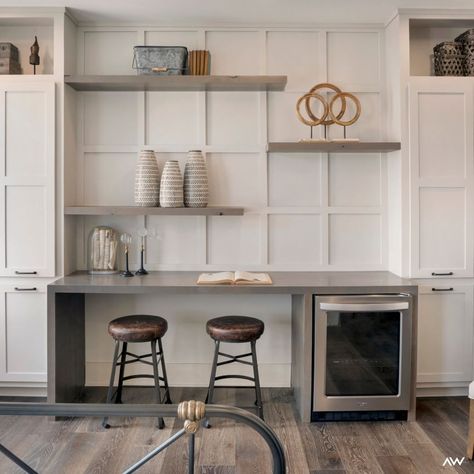 A mini-fridge paired with a desk and built-in shelves creates the perfect space for a productive afternoon. Our expert Studio team can help… Basement Built Ins With Mini Fridge, Home Office With Mini Fridge, Mini Fridge In Playroom, Desk With Mini Fridge, Guess Bedroom, Fireplace Shelving, Basement Built Ins, Floating Storage, Built In Shelving