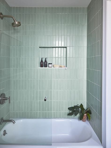 Tile Around Tub, Green Shower Tile, Tile Tub Surround, Green Tile Bathroom, Bathroom With Tub, Tile Brick, Bathroom Tub Shower, Modern Bathtub, Cabin Bathrooms