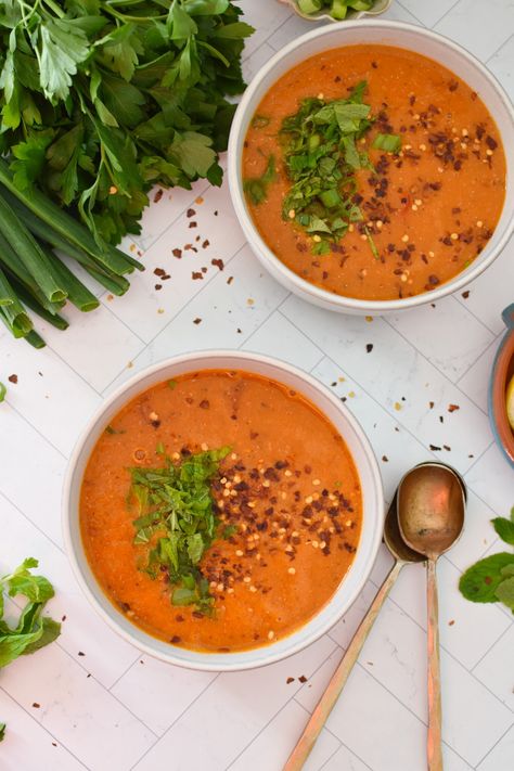 Turkish Lentil Soup is full of warm, rich spices with a hint of spice. This soup is healthy and perfect for a plant-based meal. Red lentils are simmered with red lentils, bulgur, vegetables, garlic, spices, died tomatoes and lemon juice. If you are meal-prepping this is great soup for that and can be frozen for later. // A Cedar Spoon Turkish Lentil Soup Recipe, Lentil Tomato Soup, Turkish Red Lentil Soup, Middle Eastern Lentil Soup, Lebanese Lentil Soup, Coconut Lentil Soup, Slow Cooker Lentils, Mushroom Stew, Red Lentils