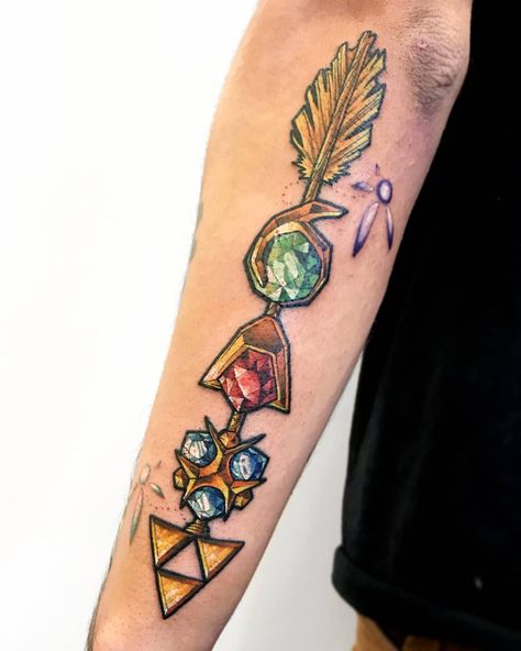 Legend of Zelda themed arrow for Lucas! Such a fun project and a rad idea, I had a great time tattooing this! Thanks for your endurance and… Zelda Ocarina Of Time Tattoo, Geeky Tattoos, Nintendo Tattoo, Illustrative Tattoo, Video Game Tattoos, Cosmic Tattoo, Nerdy Tattoos, Zelda Tattoo, Gamer Tattoos