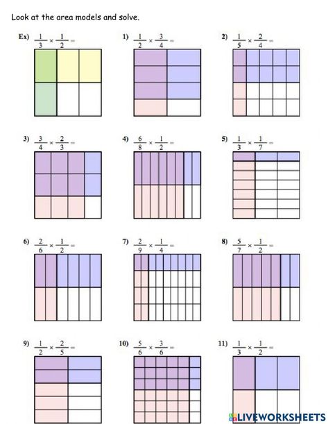 Models Worksheet, Multiplication Of Fractions, Complex Sentences Worksheets, Fractions Multiplication, Area Model, Cells Worksheet, Teaching Fractions, Multiplying Fractions, Math Patterns