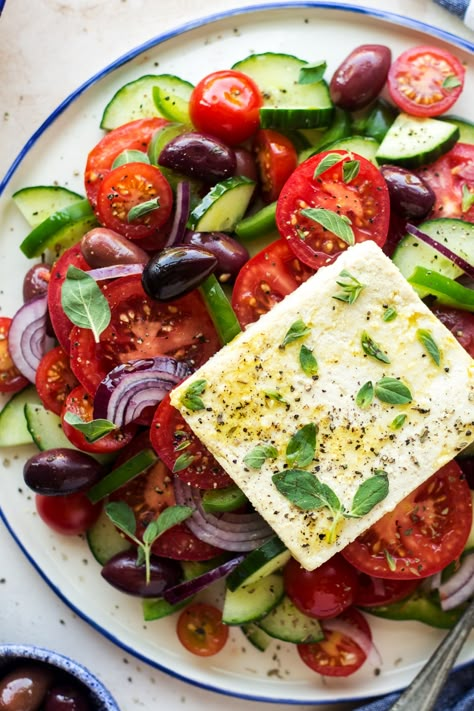 Greek salad with vegan feta - Lazy Cat Kitchen Vegan Gyros Recipe, Greek Dinner Party, Vegan Feta, Tzatziki Sauce Recipe, Lazy Cat Kitchen, Gyro Recipe, Sharing Platters, Cat Kitchen, Salad Vegan