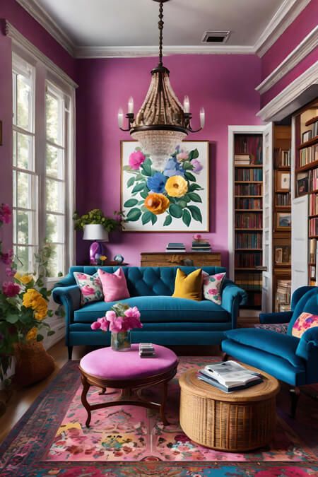 Pink Eclectic, Blue And Green Eclectic Living Room, Jewel Toned Living Room Ideas, Colorful Maximalist Office, Teal Pink Living Room, Teal And Raspberry Living Room, Bright Pink Living Room, Bright Blue Room Ideas, Retro Chic Living Room