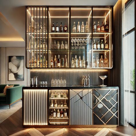 House Mini Bar Ideas, Tv Room With Bar, Bar Glasses Display, Bar Partition, Bar Designs For Home, Contemporary Home Bar, Bar Wall Design, Bar With Mirror, Modern Bar Design