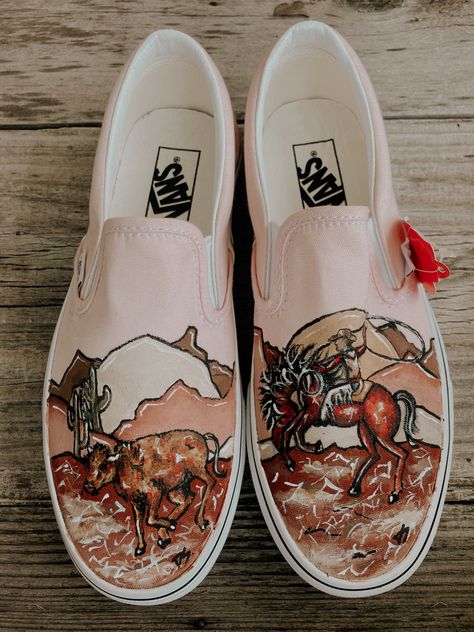 Western Painted Vans, Western Shopping, Custom Painted Vans, Hand Painted Vans, Punchy Outfits, Cowboy Valentines, Vans Painted, Paint Shoes, Western Fashion Jewelry