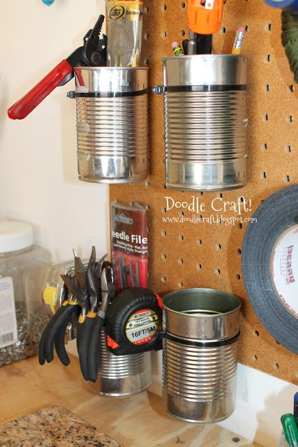 Zip tie soup cans to the peg board for storage. Tool Display, Peg Boards, Shed Organization, Garage Storage Solutions, Tool Room, Diy Garage Storage, Workshop Organization, Garage Storage Organization, Tin Cans