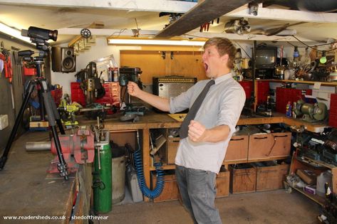 Colin Furze Workshop, Workshop/Studio from garden owned by Colin Furze #shedoftheyear @colin_furze Colin Furze, Shed Of The Year, Retractable Roof, Workshop Studio, The Door Is Open, Standing Desk, Shed, The Year, Lab