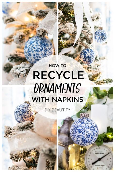 Crafts With Old Christmas Ornaments, Decorating Clear Christmas Ornaments, Paper Napkin Ornaments, Repurposing Christmas Ornaments, Wallpaper Ornaments Diy, Reverse Decoupage Ornaments, Repurpose Old Christmas Ornaments, Diy Blue Ornaments, Old Ornaments Diy Craft Ideas