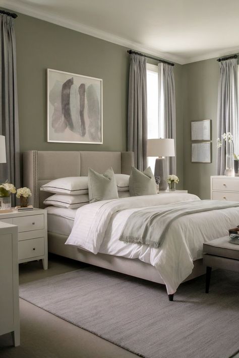 A sophisticated bedroom with a blend of grey, white, and sage green tones for a chic look. Sage Green Bedroom Grey Bed, Sage And Cream Bedroom, White And Sage Green Bedroom, Sage Green Room Ideas, Grey And Green Bedroom, Sage Green And Grey Bedroom, Sage Green Bedroom Ideas, Green Bedrooms, Green Bedroom Design