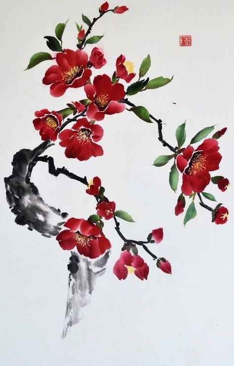 Chinese Painting Style Tattoo, Red Floral Painting, Quince Watercolor, Korean Art Aesthetic, Sakura Painting, Chinese Painting Flowers, Chinese Watercolor, Chinese Flowers, Red Quince