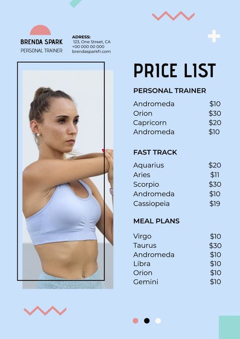 Memphis Brenda Spark Personal Trainer Price List Virgo And Taurus, Price List Template, List Template, Flexibility Workout, Start Now, Fast Track, Price List, Personal Training, Visual Design