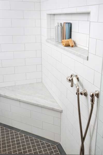 Spa-Like Bathroom Remodeling Design Featuring Marble : Normandy Remodeling Shower Bench Built In, Corner Shower Bench, Shower Benches, Bathroom Bench, Cream Chair, Master Shower, Spa Like Bathroom, Bench Ideas, Shower Niche