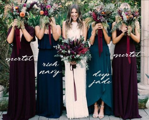 Dark Coloured Bridesmaid Dresses, Dark Teal And Burgundy Bridesmaid Dresses, Dark Teal And Dark Purple Wedding, Teal And Burgundy Bridesmaid Dresses, Jeweled Tone Bridesmaid Dresses, Moody Jewel Tone Wedding Bridesmaids, Romantic Fall Wedding Bridesmaids, Jewel Toned Mismatched Bridesmaids, Dark Jewel Tone Wedding Color Palette