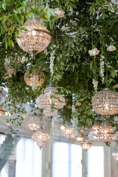 Hanging Greenery Wedding Ceilings, Faux Greenery Ceiling, Greenery Ceiling Wedding, Hanging Plants Wedding, Ceiling Installation Wedding, Hanging Crystals Wedding, Hanging Greenery Wedding, Crystal Wedding Decor, Candlelight Wedding