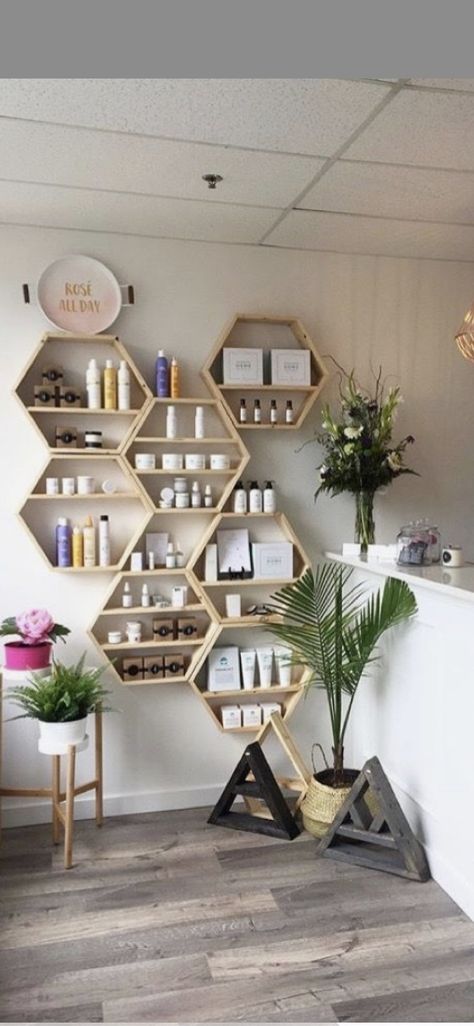 Salon Makeup Display Ideas, Floating Shelves Nail Salon, Retail Display Ideas Small Spaces Salon, Salon Suite Retail Display Ideas, Shelves In Salon, Small Esthetician Room Storage, Salon Studio Storage Ideas, Timeless Salon Decor, Home Salon Storage Ideas