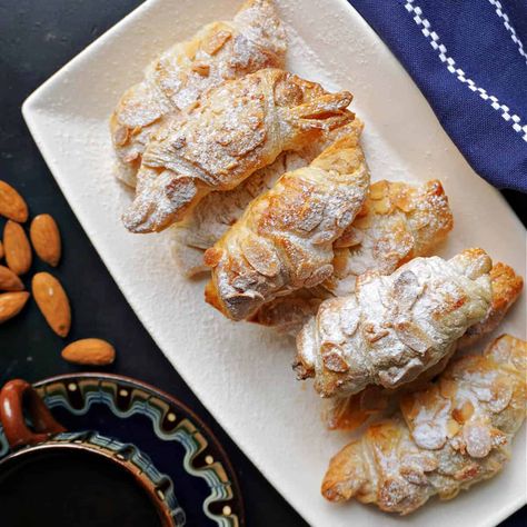 Almond Croissants Recipe, Almond Puff Pastry Recipes, Croissants With Puff Pastry, Easy Almond Croissant, Almond Croissant Recipe, Almond Puff, Almond Paste Recipes, Almond Croissants, Croissant Roll