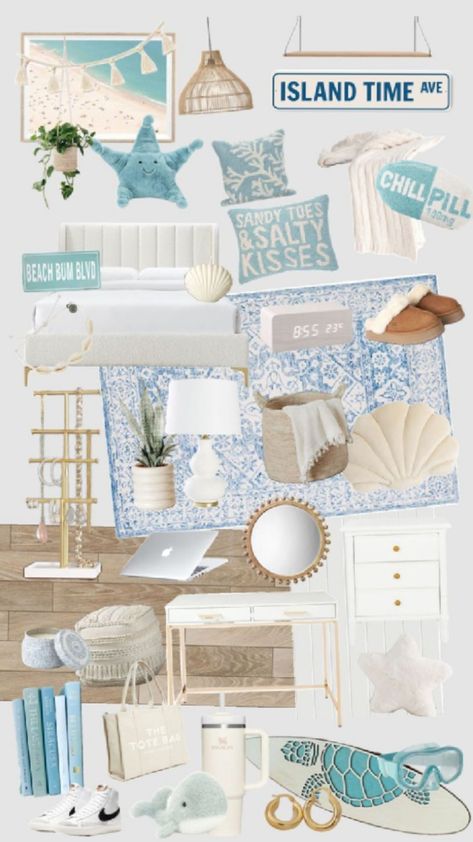 Cute Beach Themed Bedrooms, Sea Salt And Sand Room, Beachy Room Inspo Summer, Beach Room Makeover, Beach Themed Apartment, Blue Beach Room, Beach Theme Bedroom Aesthetic, Room Inspo Beachy, Coastal Room Ideas