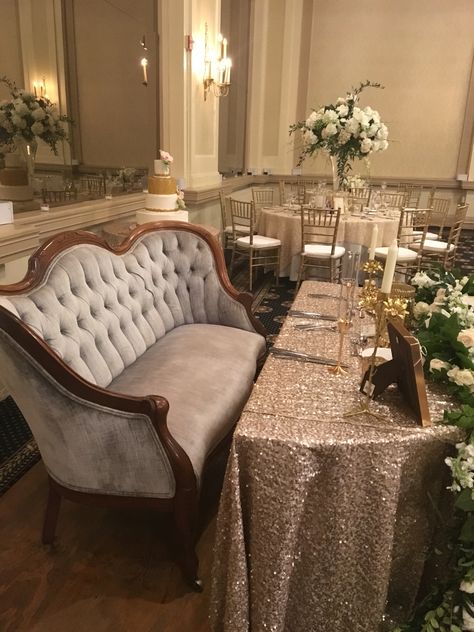 "Love" Seat for the Sweetheart Table. Sweetheart Table Loveseat Wedding, Sweet Hearts Table, Sweetheart Chairs Wedding, Hotel Bethlehem, Sweetheart Table Wedding, Sofa Bench, Wedding Aesthetic, 2024 Wedding, 10 Year Anniversary